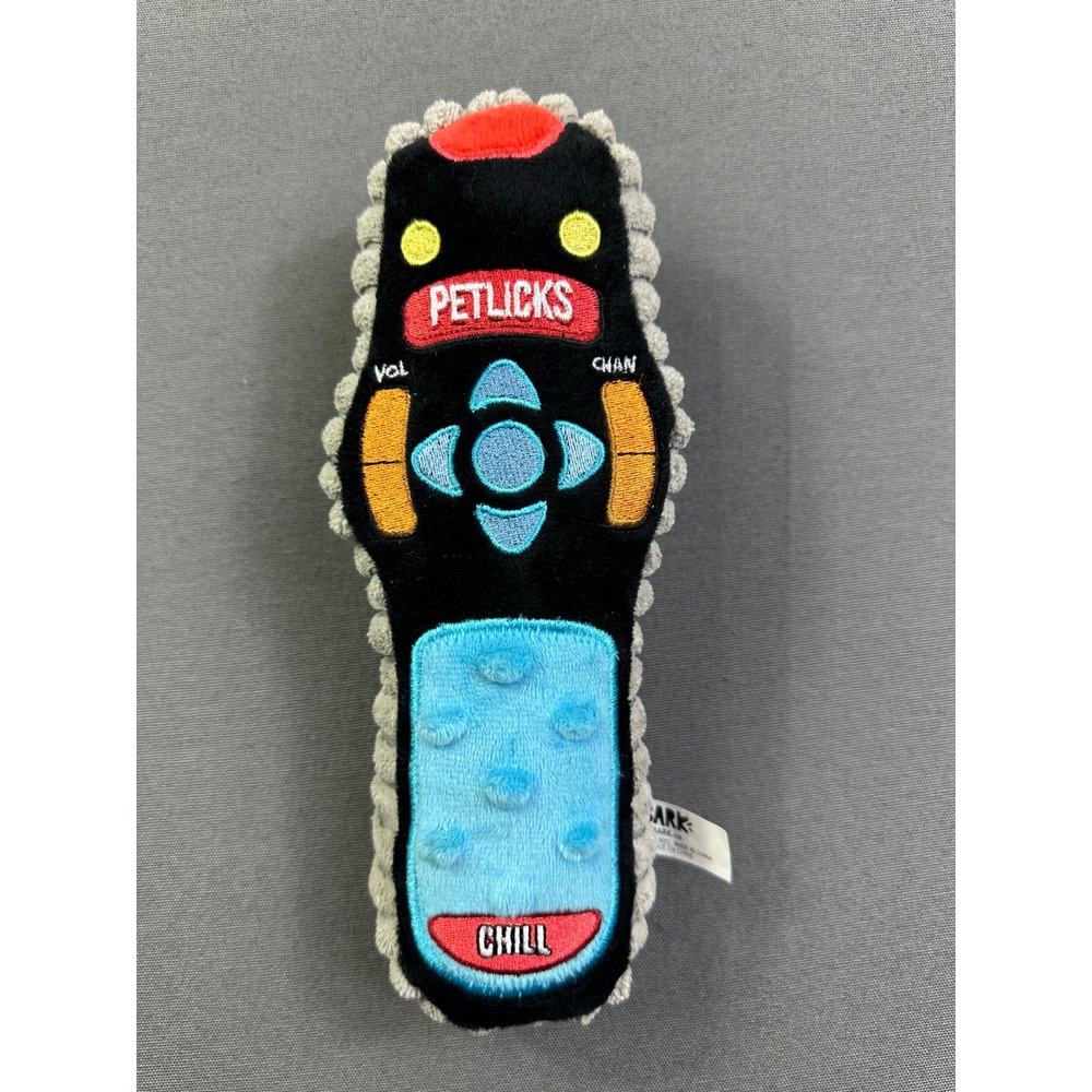 BarkBox Petlicks Remote Control Plush Squeaker Dog Toy Black Grey Corduroy Side